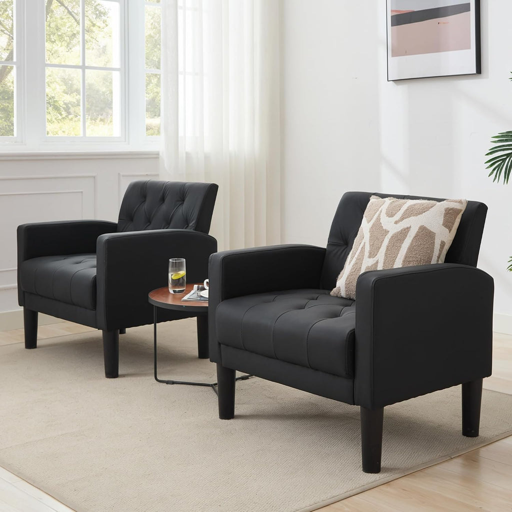 Set of 2 Black Tufted Leather Chairs