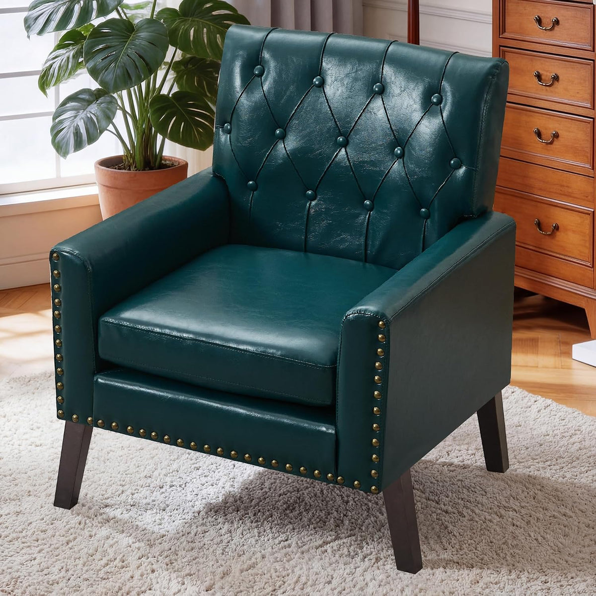 Mid-Century Green Faux Leather Chair