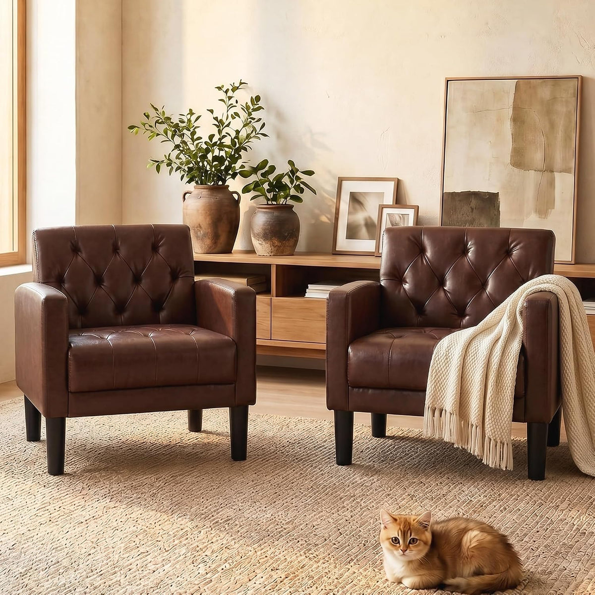 Set of 2 Tufted Leather Chairs