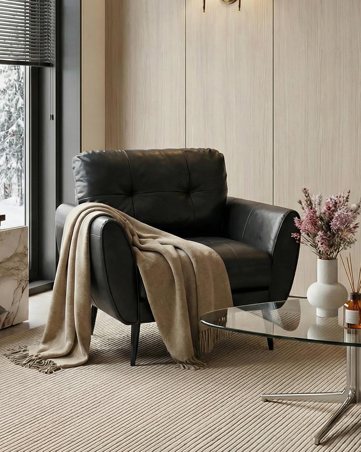 Black Tufted Leather Accent Chair