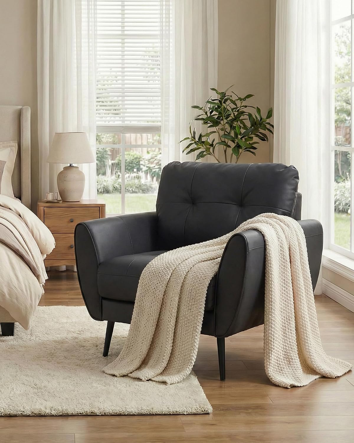 Black Tufted Leather Accent Chair