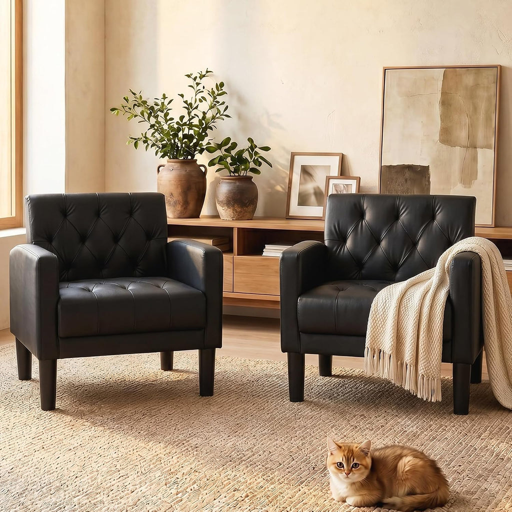 Set of 2 Black Tufted Leather Chairs