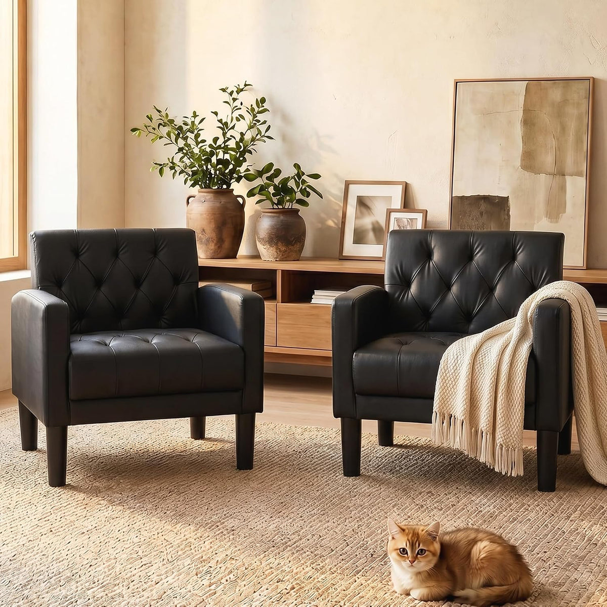 Set of 2 Black Tufted Leather Chairs