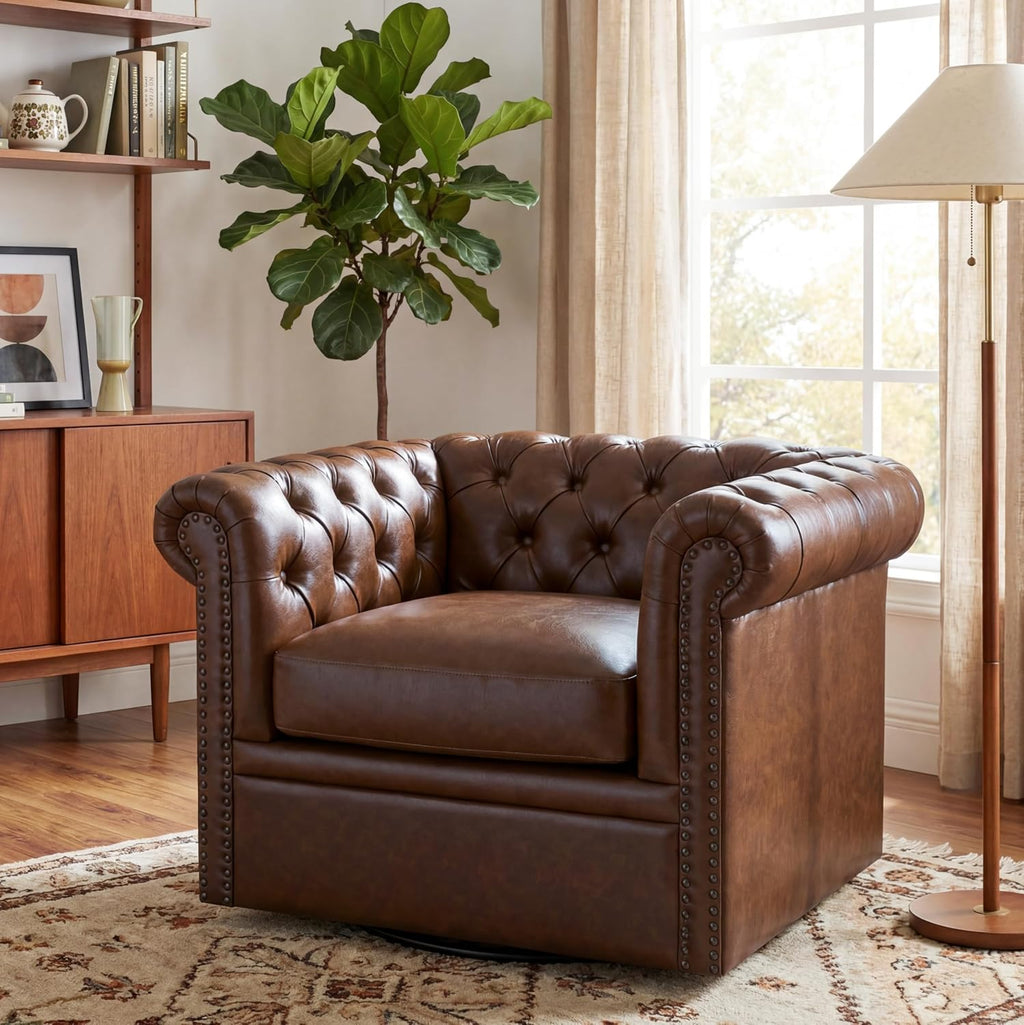 Swivel Tufted Faux Leather Club Chair