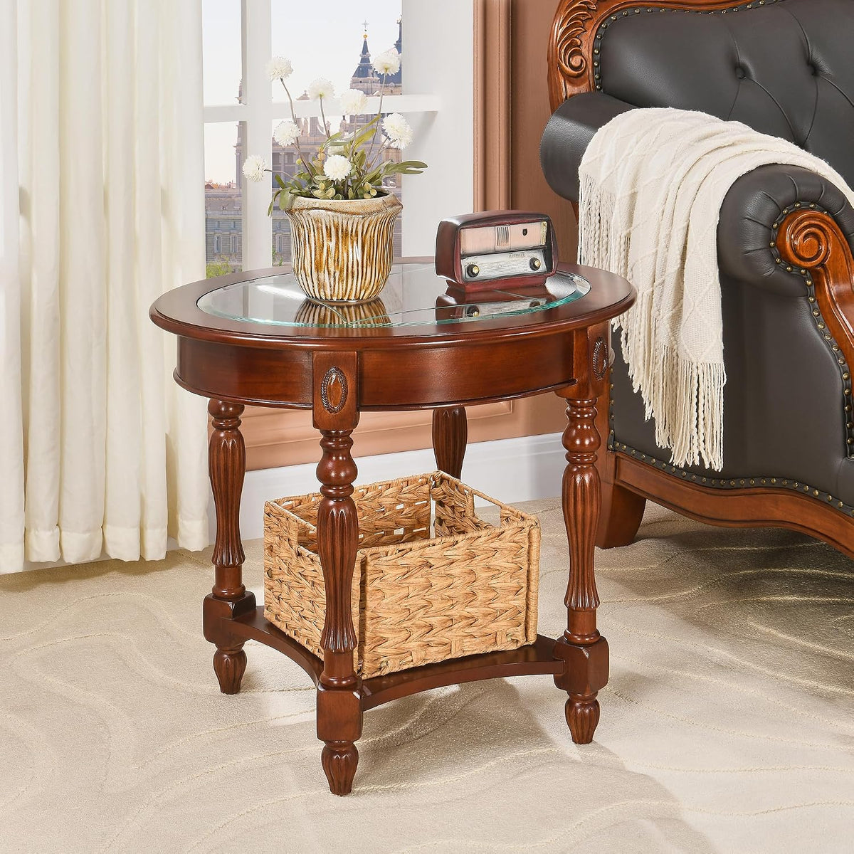 Oval Glass Storage Side Table